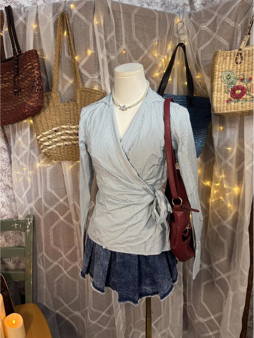 Blue Stripe Wrap Blouse Coastal Grandmother Old Money Office Siren Preppy Chic